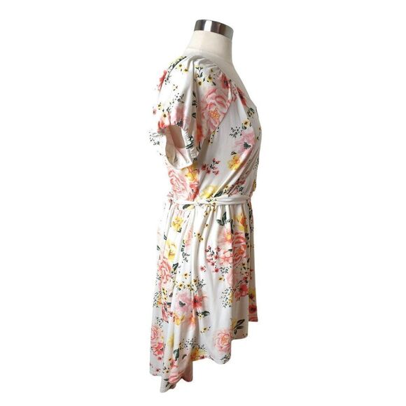 Women's Floral High-Low Dress XL Fairy Puff Sleeves Waist Tie White Pink Yellow - Picture 3 of 9
